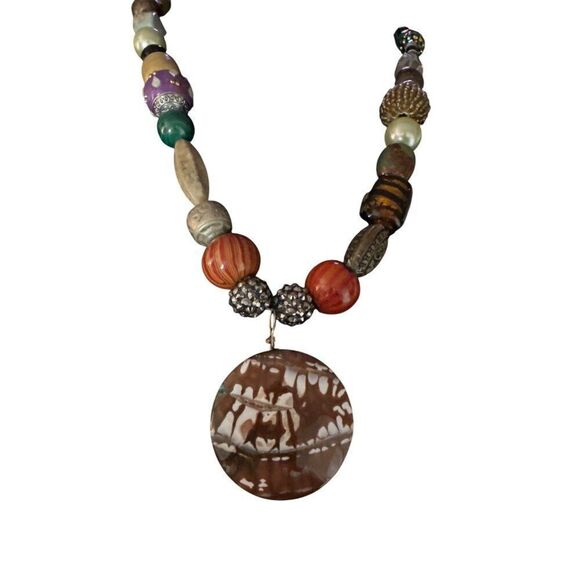 Boho Handcrafted Multicolor Beaded Necklace With Statement Brown & White Pendant - Picture 1 of 5